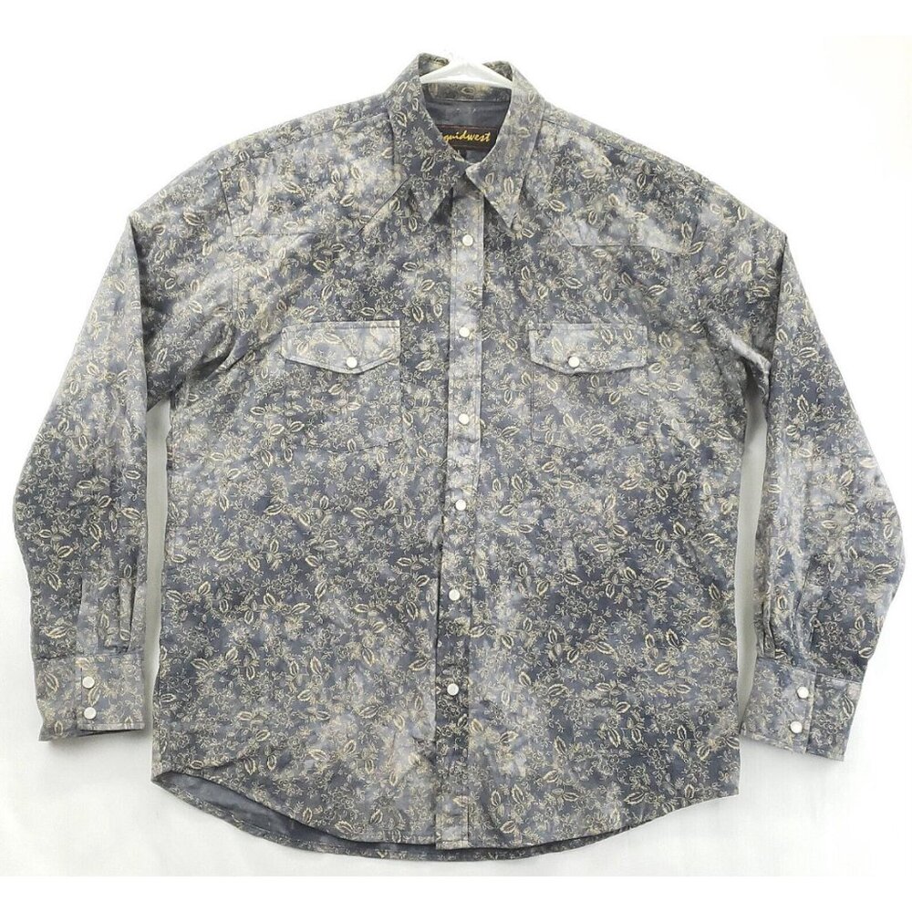 Liquid West Western Shirt Men Large Gray Yellow Floral Cotton Classic Pearl Snap